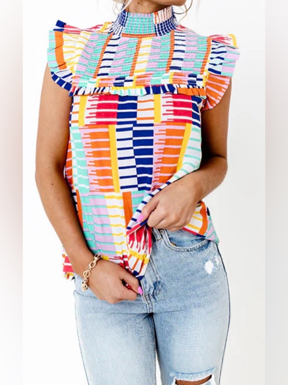 THML Top Womens M Multi Terri Print Flutter Sleeve High Neck Back Zip Outdoor - Picture 14 of 14